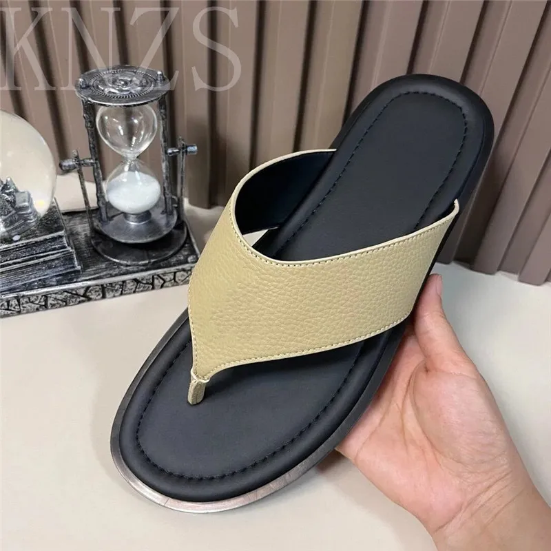 

Summer New Round Toe Open Toe Genuine Leather Flat Slippers Man Sewing Flip Flops Cross-tied Slides Casual Beach Shoes Men 2024