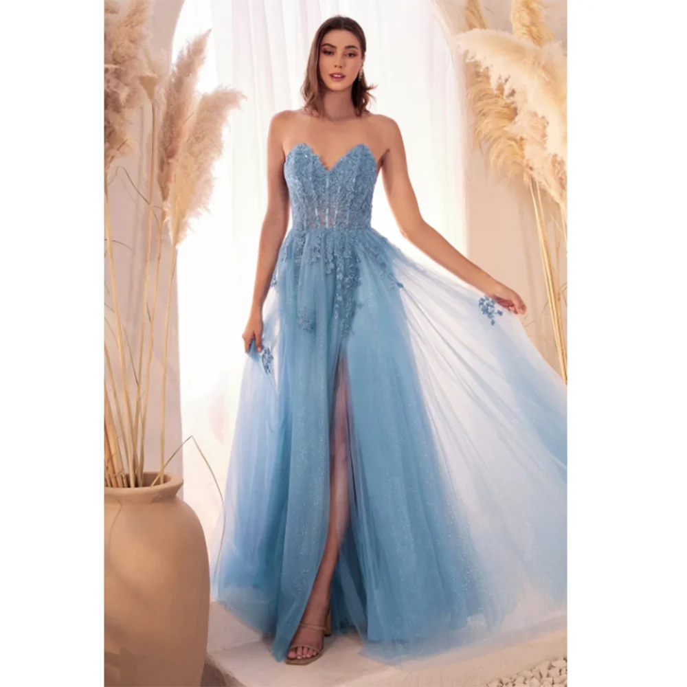 Exquisite Candy Color Lace Flowers Tulle A-Line Prom Dress Floor Length Sleeveless Strapless Side Split Fairy Shiny فساتين سهرات