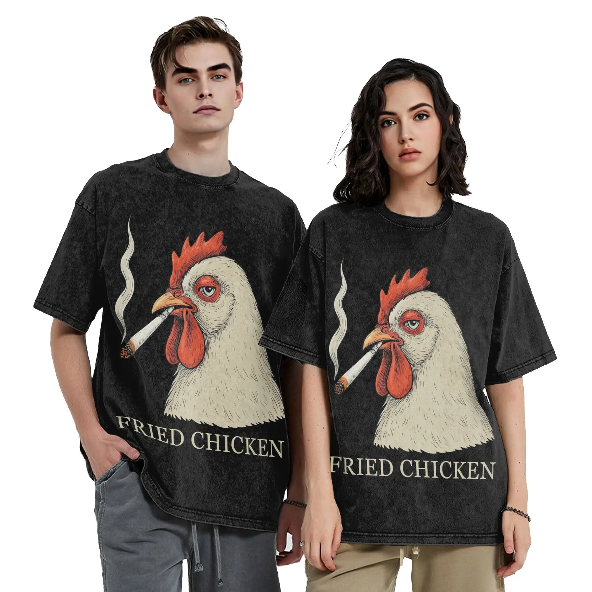 Washed T Shirts Fried Chicken Funny meme Hip Hop Vintage T-Shirt Harajuku Streetwear 100% Cotton Tops Tee Shirt Men Women