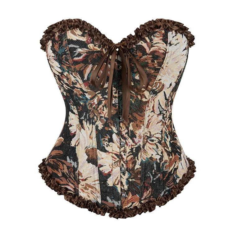 Women Vintage Floral Jacquard Overbust Corset Sweetheart Ruffle Bow Front Busk Back Lace Up Halloween Evening Party Wear