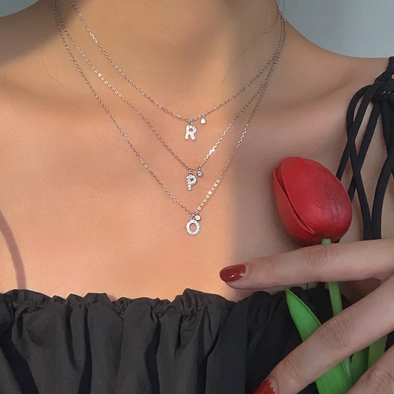 925 Sterling Silver Letter Necklace Shiny Zircon Letter Pendant Collar Chain Your Name Necklace Biżuteria ślubna Prezent urodzinowy