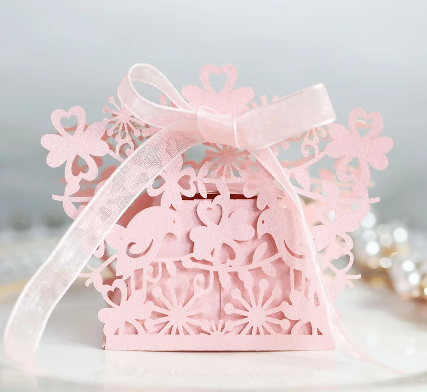 100pcs Laser Cut Hollow Bird Flower Basket Candy Chocolates Boxes Ribbon For Wedding Birthday Party Baby Shower Favor Gift