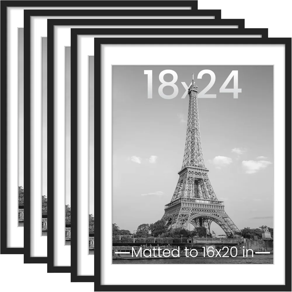 

5 Pack 18x24 Picture Frame Black Display 16x20 Photos with Mat or 18x24 Without Mat Wall Gallery Poster Frames