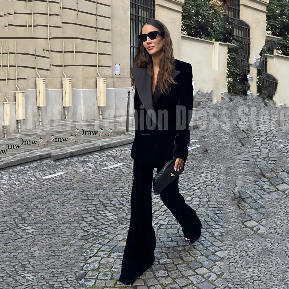 Luxury Women's Suits 2 Pieces Black Velvet Jacket Pants Smart Casual Female Blazer Set Full Sleeves Office Lady Chic Outfits