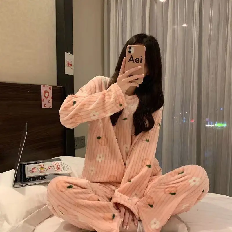 Autumn Winter Warm Flannel Fleecing Women Pyjamas Sets Thick Coral Velvet Long Sleeve Cartoon Sleepwear Thin Flannel Pajamas Set
