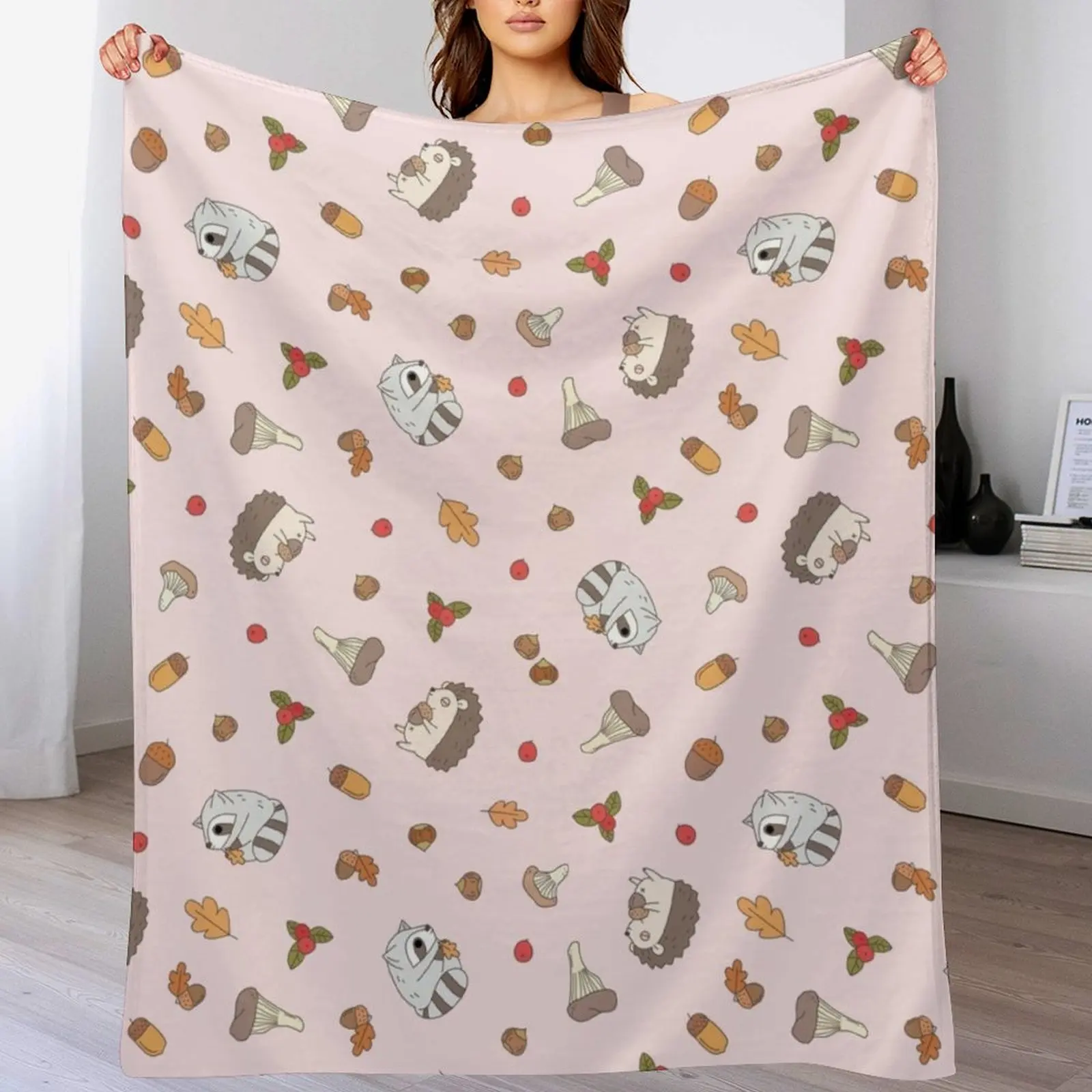 woodland animals pattern, hedgehog and raccoon pattern Throw Blanket Decorative Soft Throw Blanket for Couch Sofa