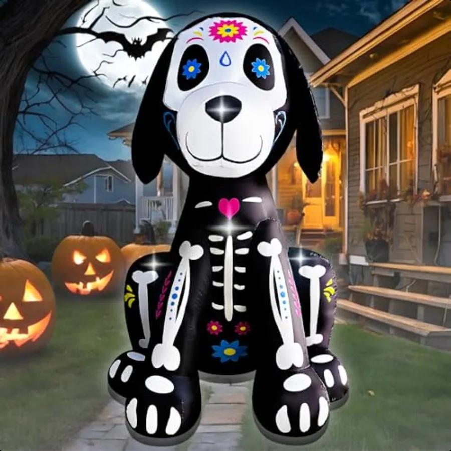 

5FT Halloween Iatables Skeleton Dog Outdoor Decorations Blow Up Yard Cute Black Dog Builtin LEDs for Holiday Garden Lawn Yard I