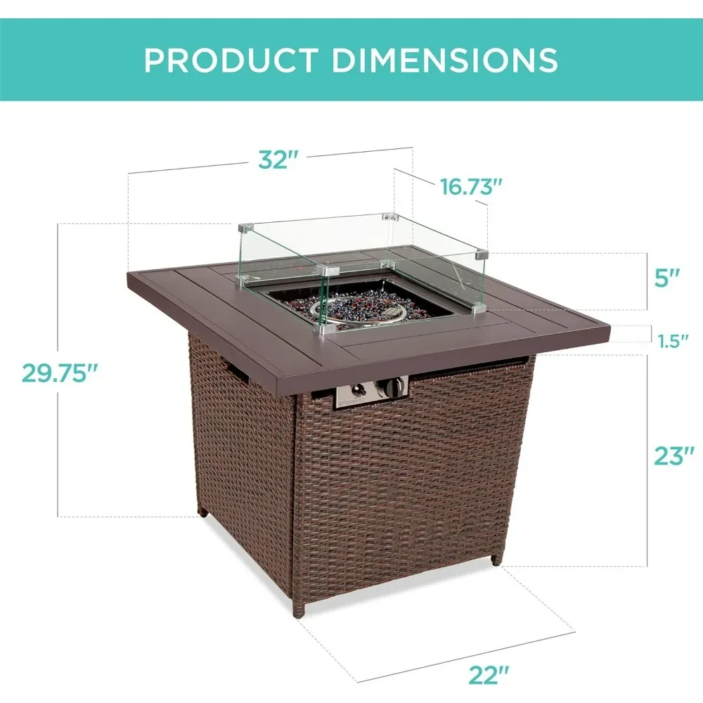 32in Fire Pit Table, 50,000 BTU หวายกลางแจ้ง Patio โพรเพนแก๊ส w/Glass Wind Guard, โต๊ะอลูมิเนียม, หินแก้ว, Fire Table