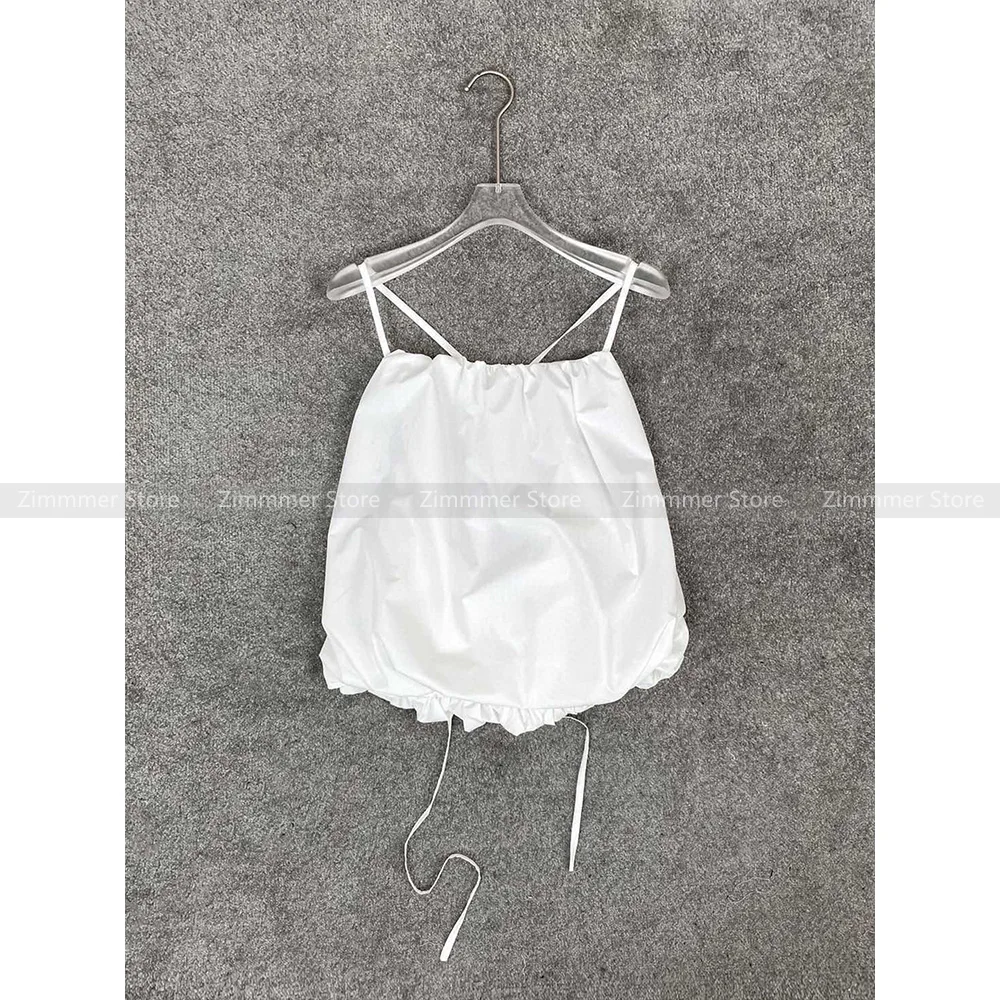 

Stereoscopic Flower 24 spring and summer niche resort style backless white pleated camisole tank top female