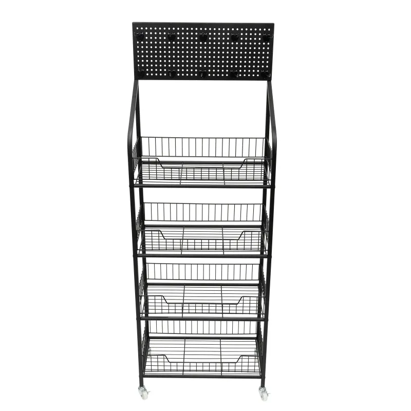 4 Tier Retail Display Rack with Wheel Display Snack Rack Candy Fruit Towel Basket Stand Cart Metal Basket Storage Shelf