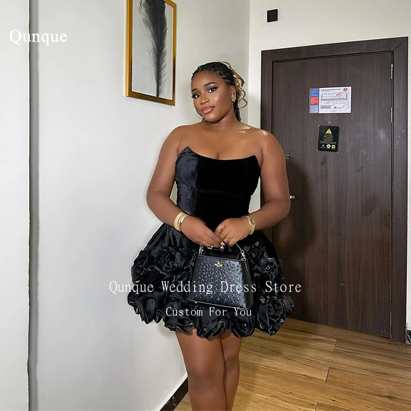 

Qunque Black Shiny Satin Short Prom Dress Formal Occasion Dresses Strapless Mini Prom Gowns Modest Evening Dresses Customized