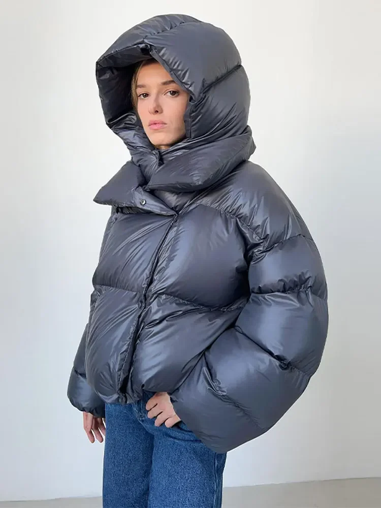 Parka gruesa y cálida para mujer, Chaqueta corta de manga larga, abrigo elegante impermeable, prendas exteriores, color plateado sólido, novedad de invierno, 2024