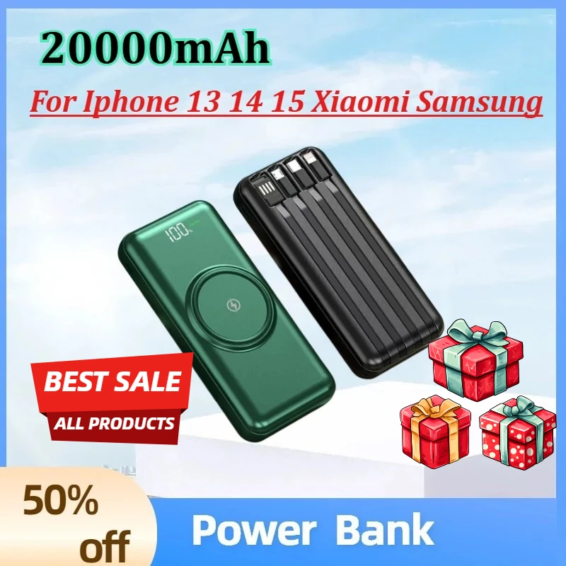 

20000mAh Wireless Power Bank Fast Charging Built-in Quad Power Cable Mobile Phone Charger For Iphone 13 14 15 Xiaomi Samsung