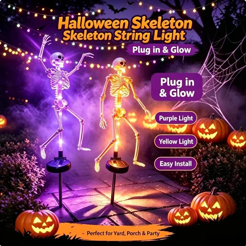 Colorful LED Skeleton Stake Lights for Halloween Yard Decor, Multiple Standing Skull Figures for Garden Lawn Party Scene Display