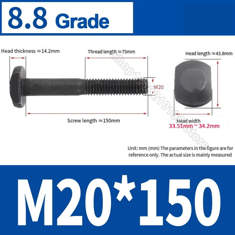 1Pc M16x130mm M20x150mm Grade 8.8 Carbon Steel T Shape T Hammer Head T Type Bolt Square Rectangle Machine Screws Chute T-bolt