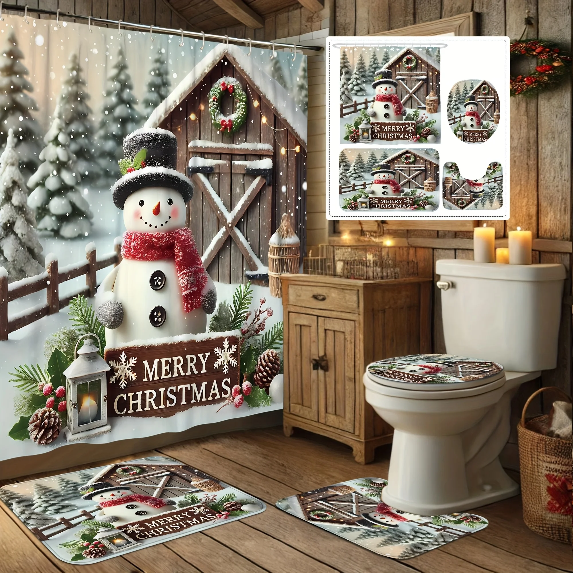 4Pcs Xmas Bath Set, Snowman & Pine Wreath, Red White Curtain, Holiday Decor, 12 Hooks, Non-Slip U-Shaped Toilet Cover