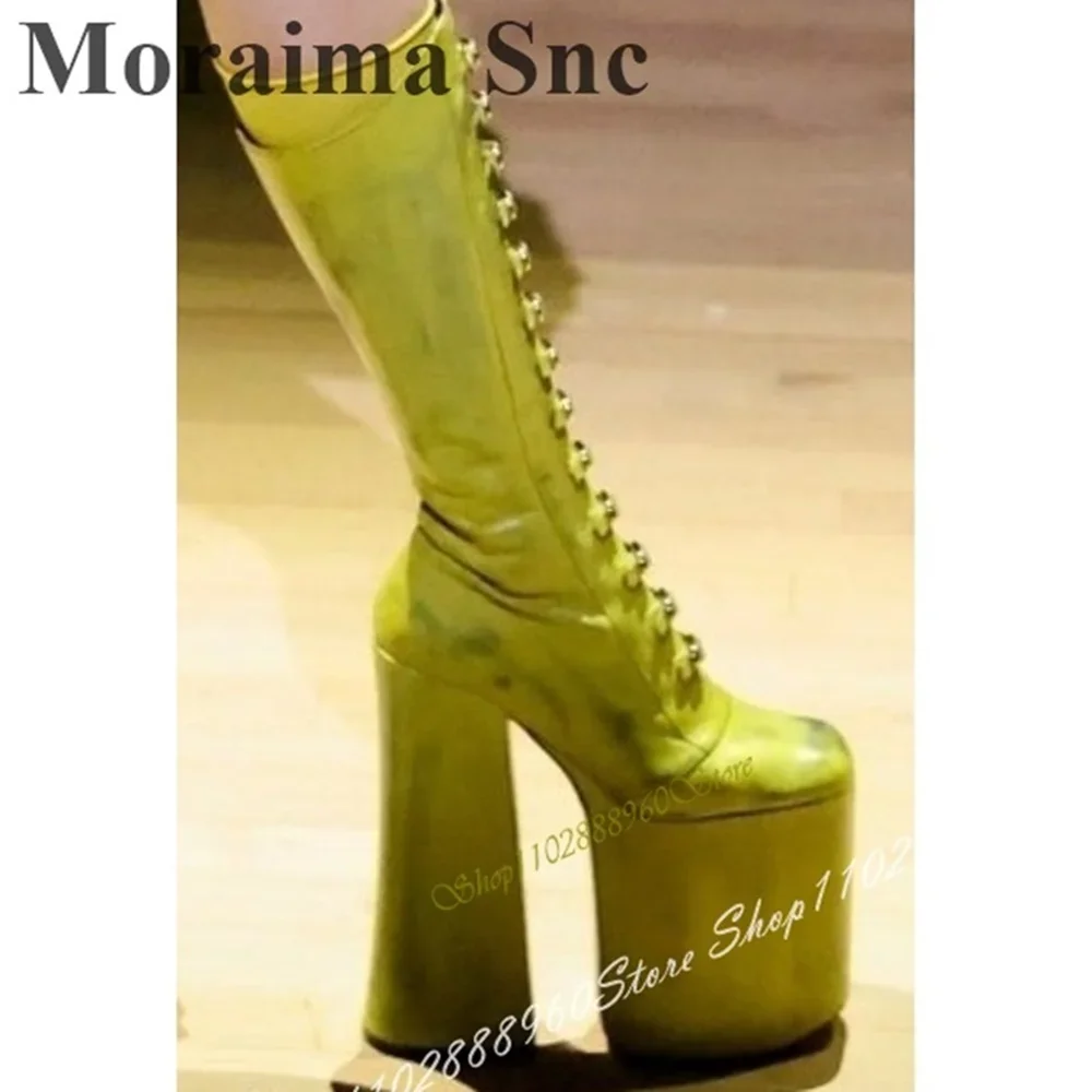

Mid Calf Green Buckle Strappy Platform Knight Boots Chunky High Heel Women Shoes Side Zipper Round Toe 2025 Zapatos Para Mujere