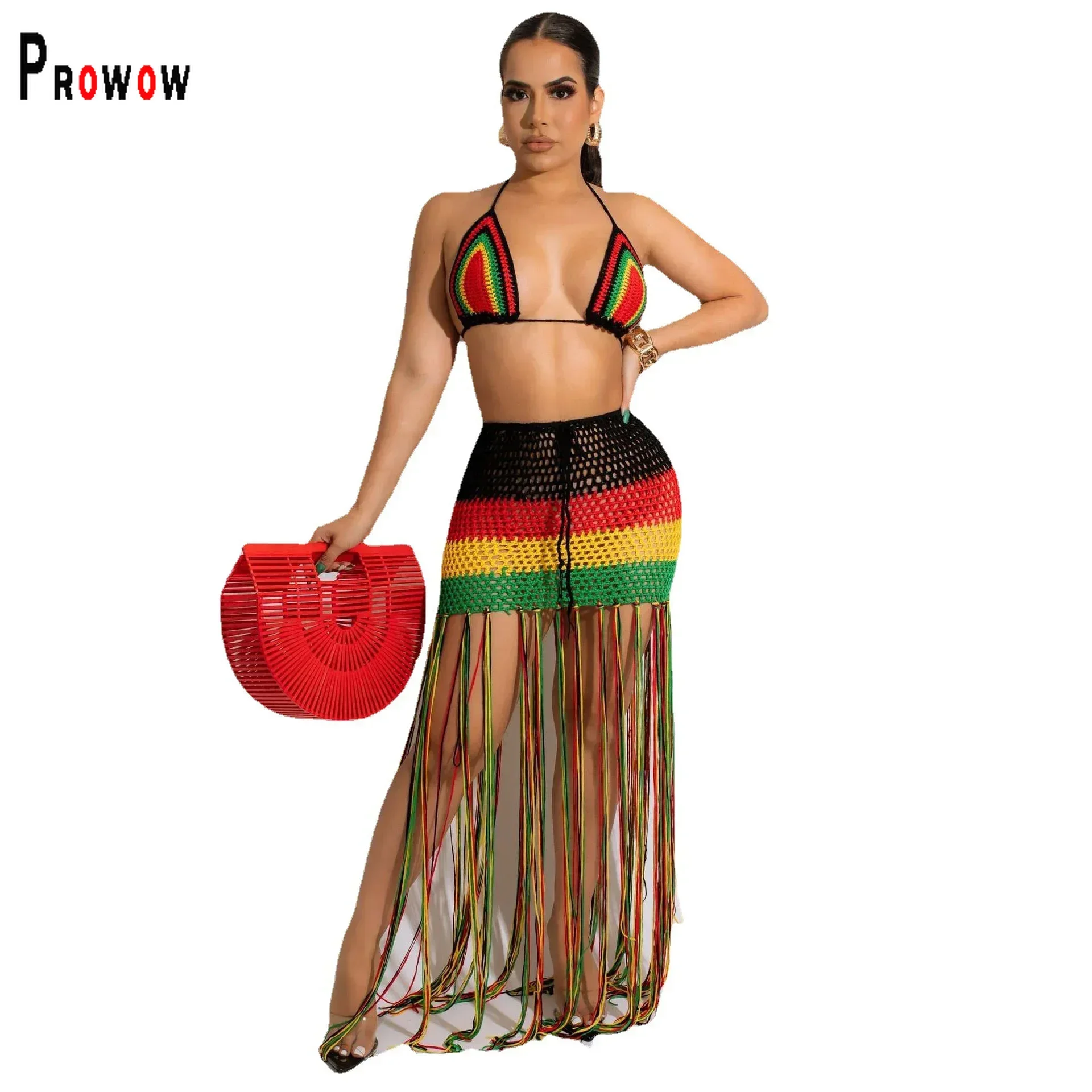 

Prowow Women Beach Outfits Halter Cropped Tops Tassel Skirt Two Piece Summer Clothing Set Crochet Knitted Lady Striped Suits