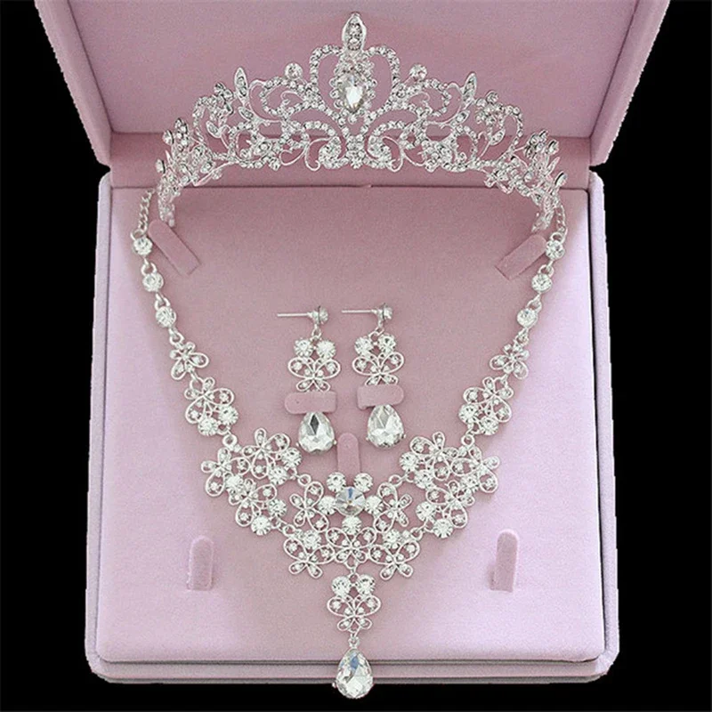 Bridal Jewelry Sets Crown Necklace Earrings Four Pack Silver Colour Women's Fashion Wedding Tiaras(excluding boxes)