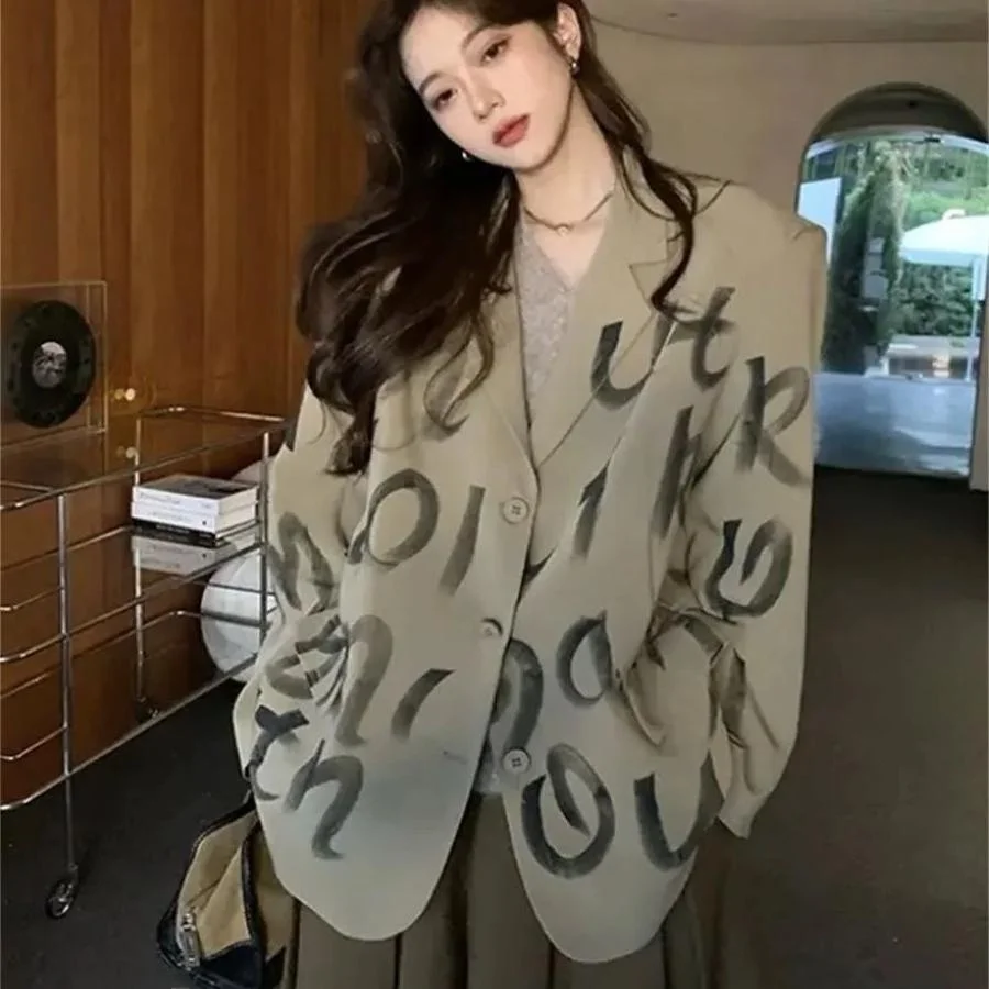 

plus Size 300 Pounds Fat MM Print Suit Jacket Women's Fashionable Long Sleeve Outerwear Casual Top Korean Style Loose Fit