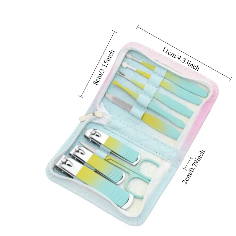 Set da 9 pezzi per nail art con gradiente arcobaleno Kit tagliaunghie per la casa in acciaio inossidabile Strumento completo per tagliare le unghie Portatile Facile da riporre