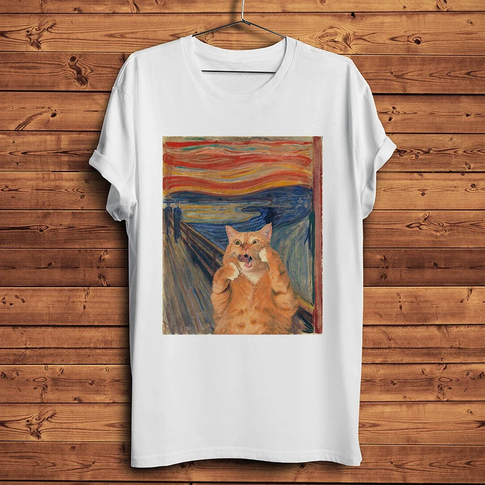 Men Casual T Shirt 2024Unisex Creation of Adam meow van Gogh Sunflowers Starry Night Edvard Munch The Scream funny cat tshirt