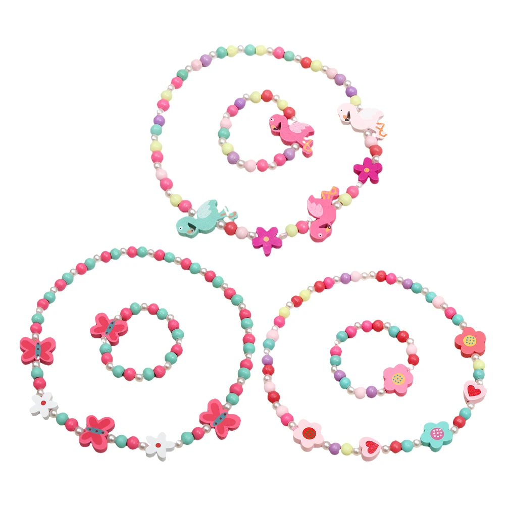 Set di braccialetti con collana di perline di legno 3 set di gioielli per bambini Prop per ragazze Compleanno Fotografia Accessori moda Artigianato fai-da-te Assistenza sanitaria