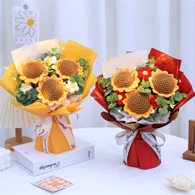 

Knitted Rope Sunflower Stuffed Plants Handmade Holding Flower Bouquets Home Decor Valentine Mothers' Day Birthday Gifts