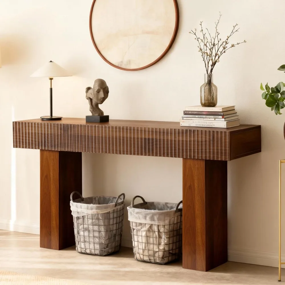 

56 Fluted Console Table, Boho Vanity Desk Wooden Narrow Sofa Table Behind The Couch, Farmhouse Entryway Table for Entrance