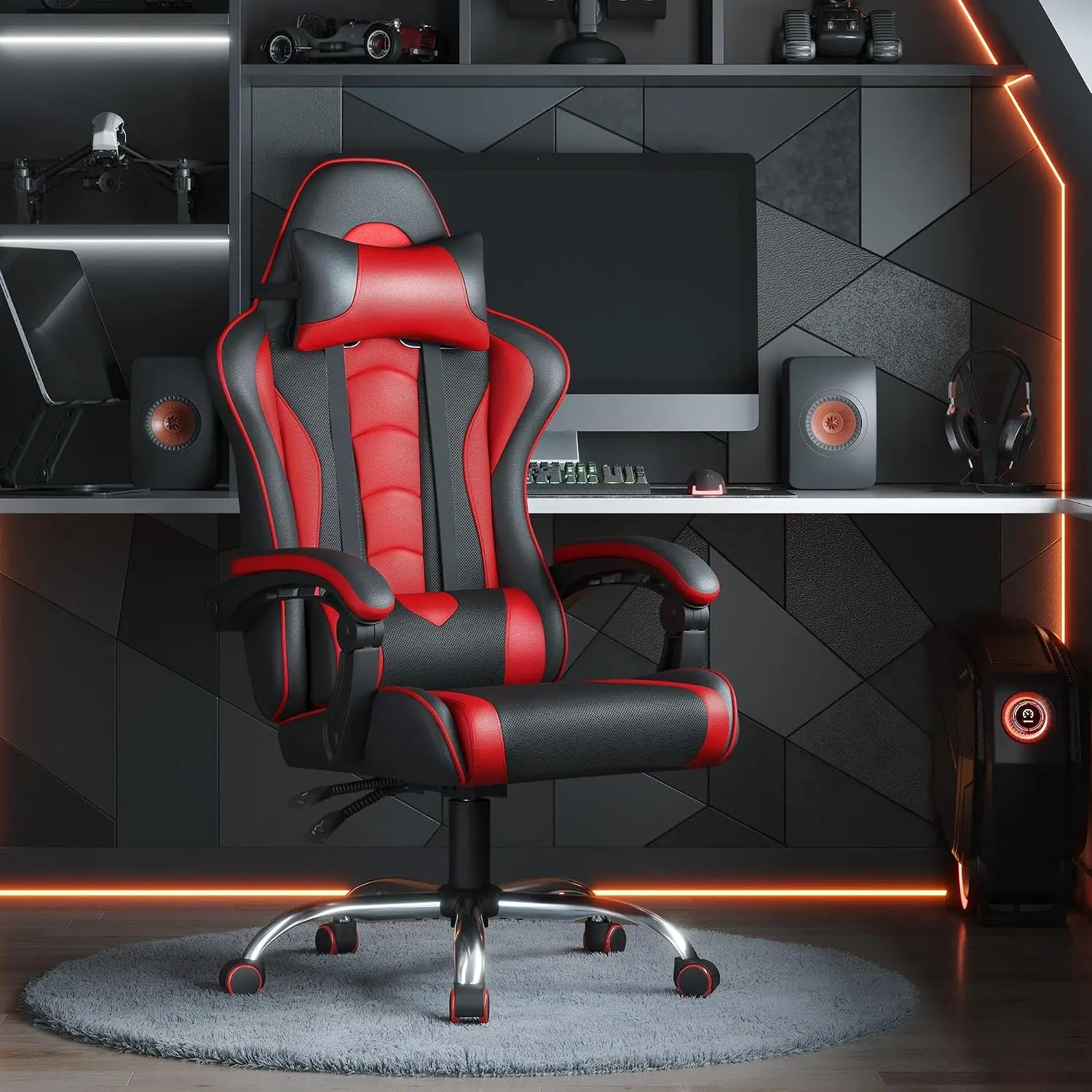 Gaming Chair with Massage Lumbar Pillow High Back Reclining Red | PU leather racing seat with thick foam padding, massaging lumbar cushion, headrest, and steady recline for all-day comfort.