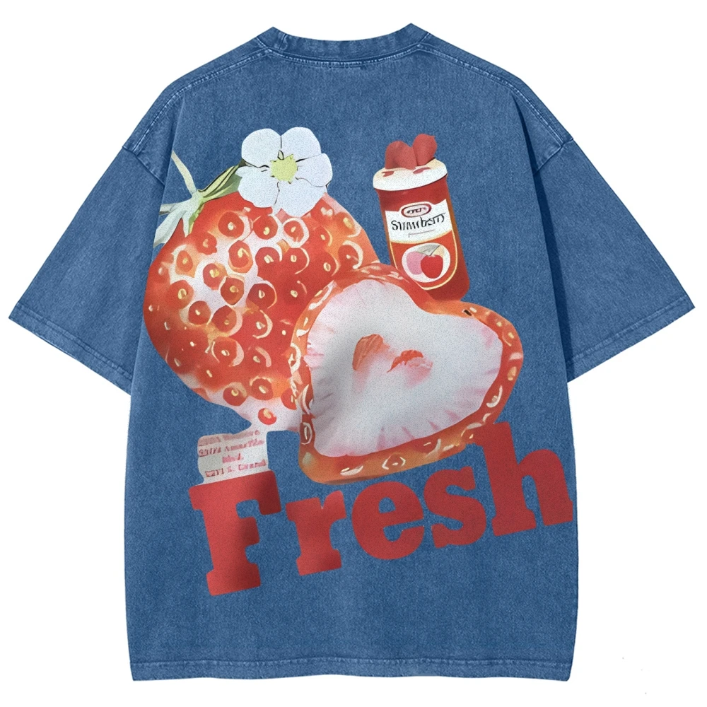 Pandas Cartoon Strawberry Pattern Quality Oversized Acid Washed Y2K Women Men Vintage  Streetwear Mineral Wash T-shirts - Image 5
