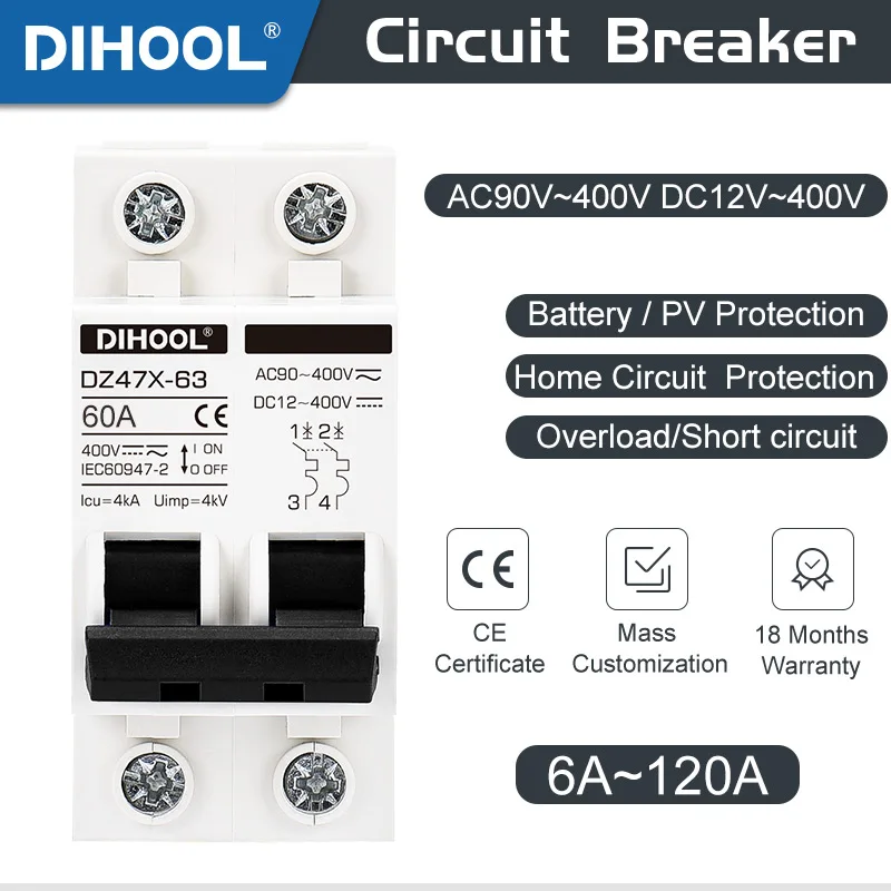 DC Circuit breaker Solar Photovoltaic Battery 400V 10A 15A 20A 30A 40A 60A 80A 100A 120A Air Siwtch