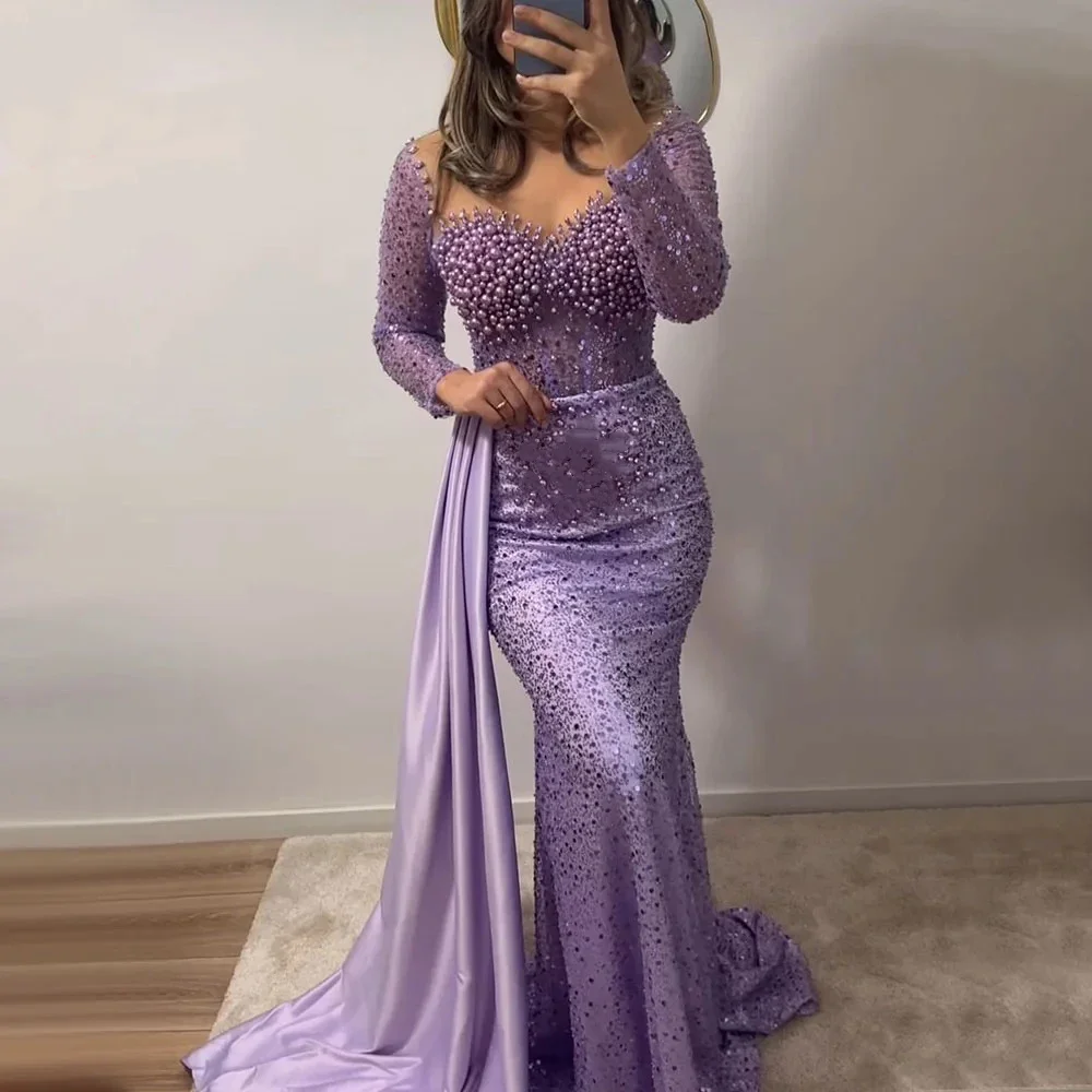 Customized Araibc Pearls Mermaid Evening Dresses for Women O Neck Long Sleeves Formal Prom Wedding Party robes de soirée 2025