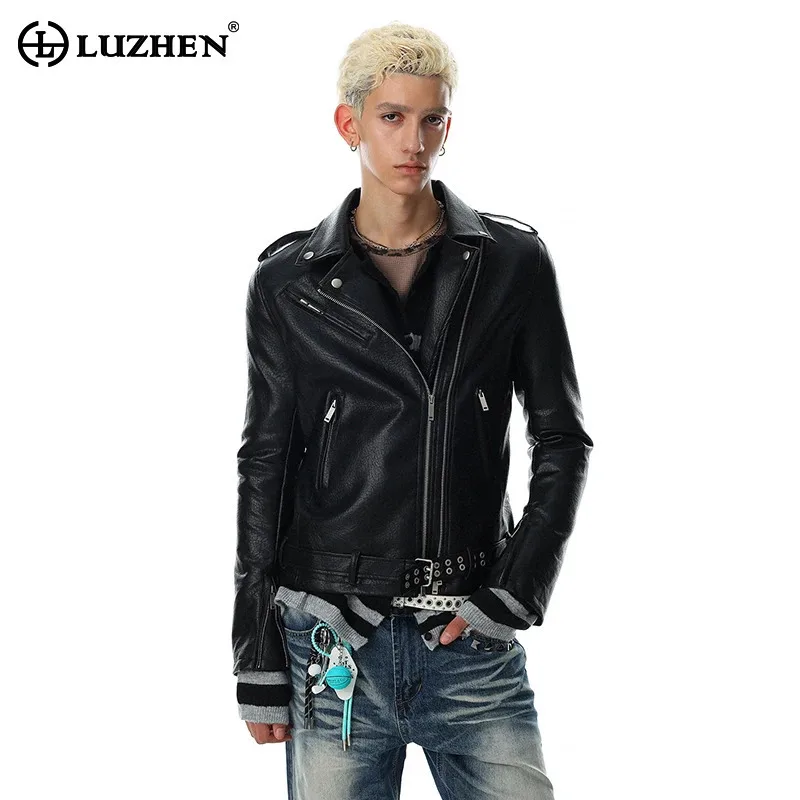 LUZHEN 2026 New American Style Asymmetric Zipper Placket Male Leather Jacket Men's Fashion Handsome Slim Motorcycles Coat JY8926