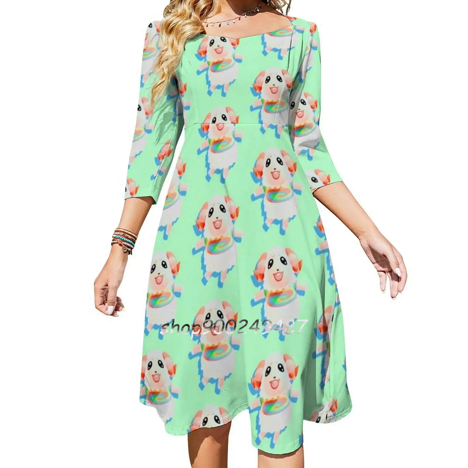 Dom Square Neck Dress Sweet Summer Dress Women Elegant Halter Print Dress Dom Sheep New Horizons Villagers Characters