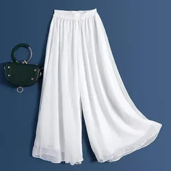 WTEMPO Pantalones de pierna ancha para mujer, pantalones oscilantes fluidos de doble capa, pantalones versátiles de tiro alto, pantalones sueltos recortados de gasa