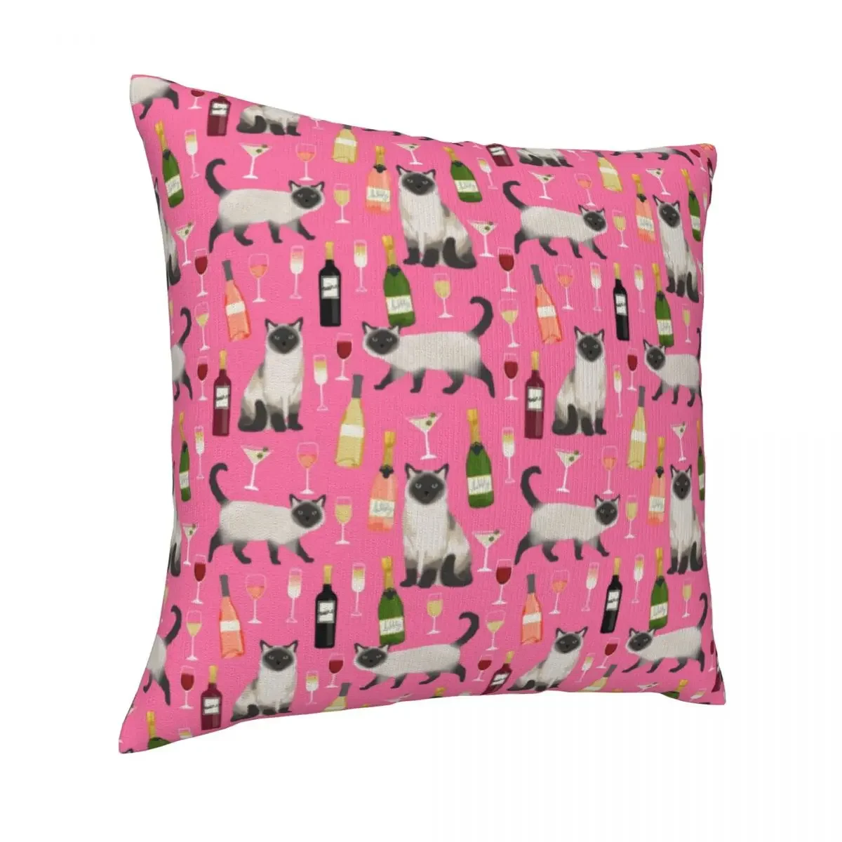 Pink Wine Print Pillow Case Cute Siamese Cat Luxury Polyester Pillowcase Car Zipper Summer Cover