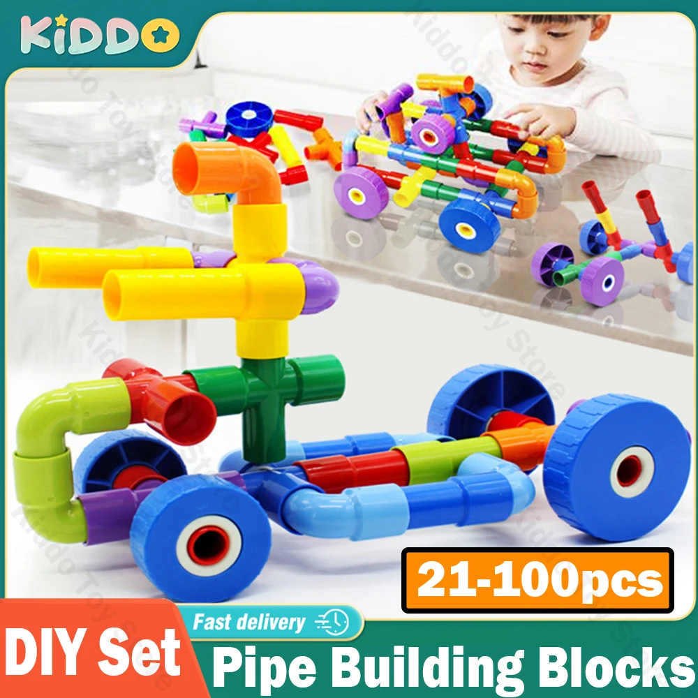 21-100PCS DIY Pipe Building Blocks Toys For Children DIY Assembling Pipeline Tunnel Block Model Montessori Toys Kids Gift