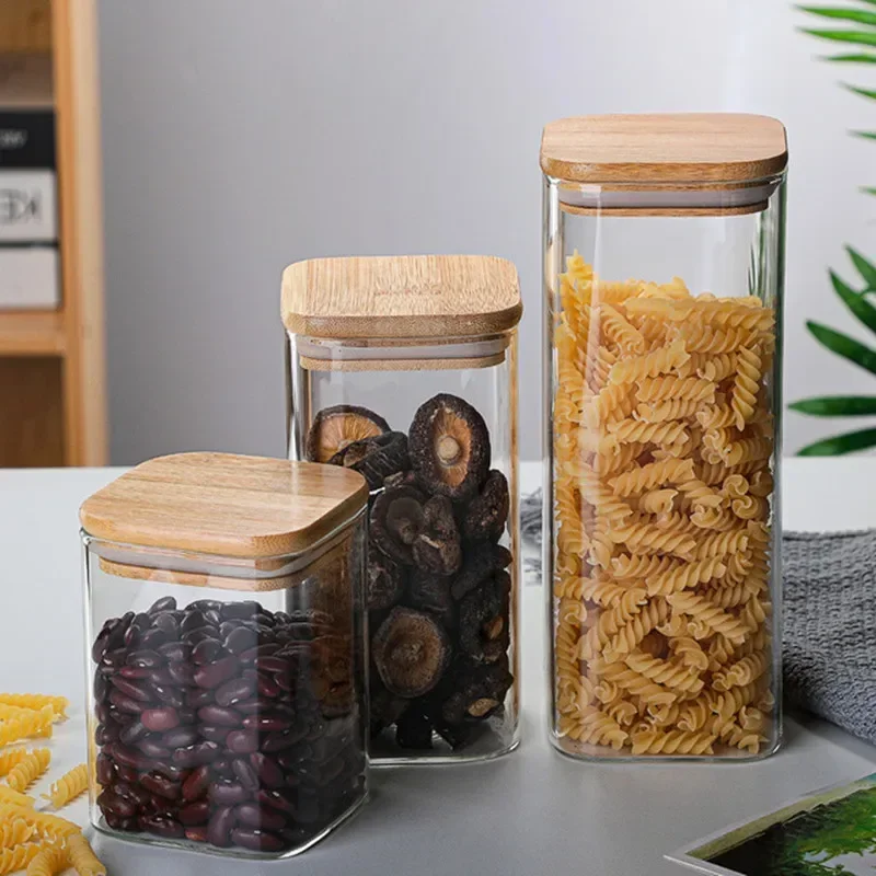 Square Mason Candy Jar for Spices Glass Bamboo Cover Container Glass Jars with Lids Cookie Jar Kitchen Jars and Lids Wholesale