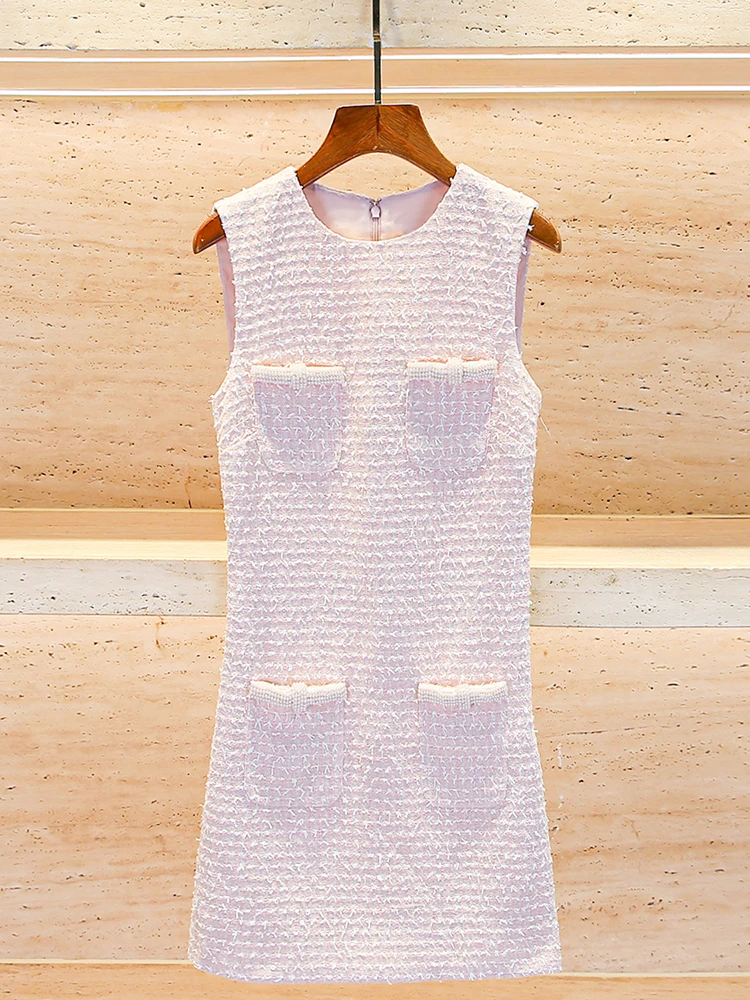 

Sweet Beaded Pink Svel Vest Dr High Waist A-Line Skirt Sle Polyester Fiber Spring Summer Autumn Season Dr