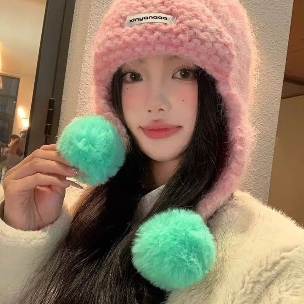 

Fashion Autumu Winter Women Knitted Cap Fluffy Pom-pom Y2k Warm Beanie Hats Sweet Versatile Ear Protection Caps Outdoor