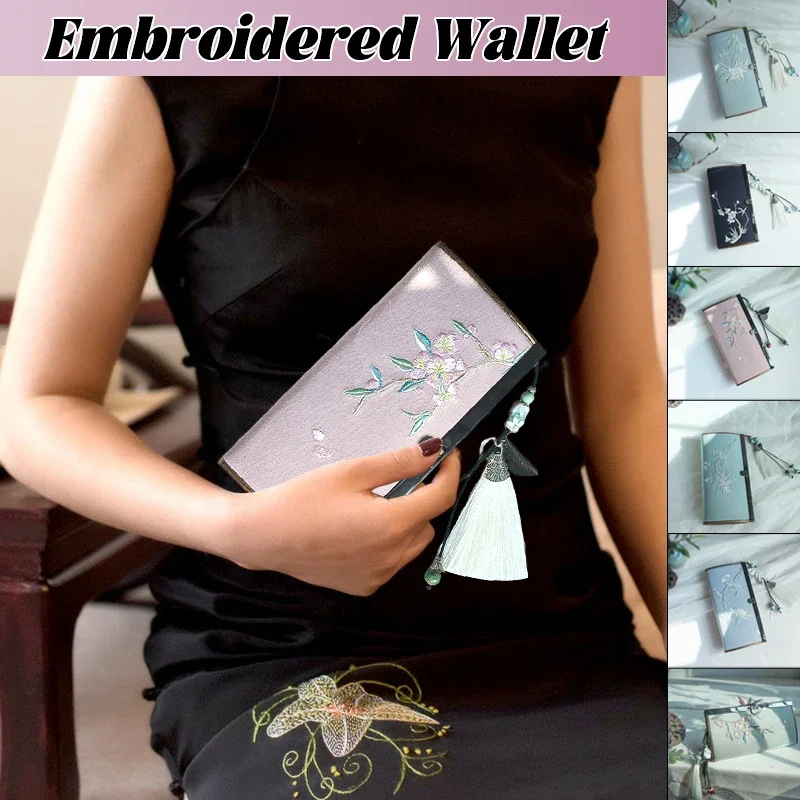Cotton Linen and Canvas Purse Chinese Style Embroidery Ancient Style Purse Women's Buckle Long Clutch Bag Literary Wallet