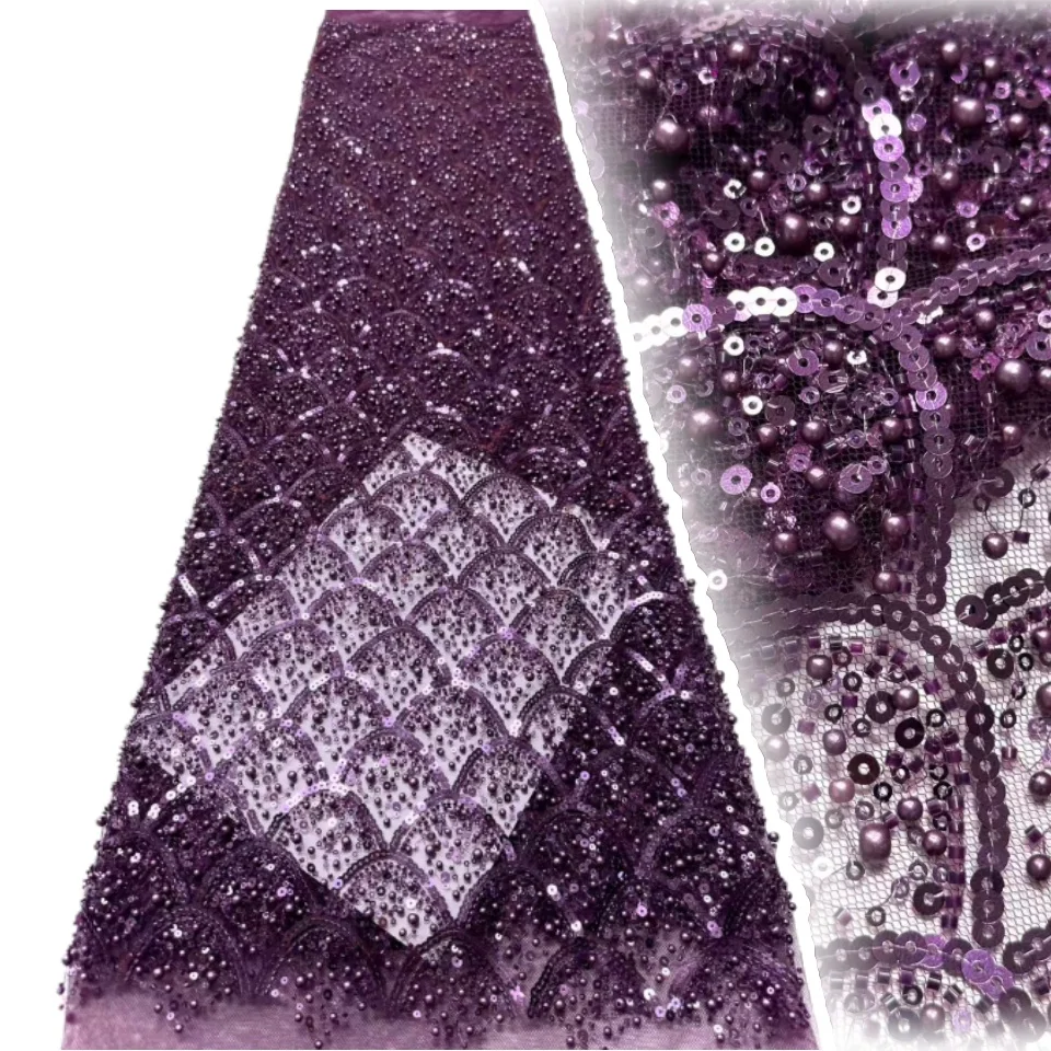 

Purple African Handmade Beads Lace Fabric High Quality Nigerian Sequins French Tulle Fabric Material For Wedding Dress SZ1651