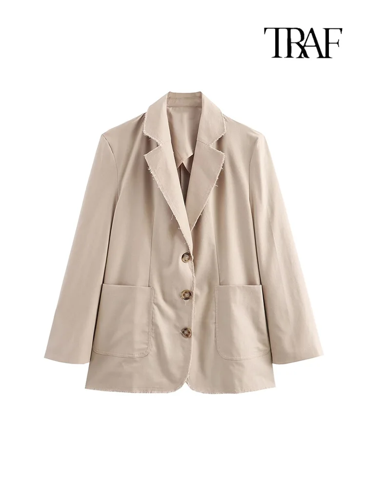 

TRAF Women's Linen Blend Loose Blazer Fashion Vintage Raw Edge Decoration Single Breasted Blazer Jacket High Street Womenswear