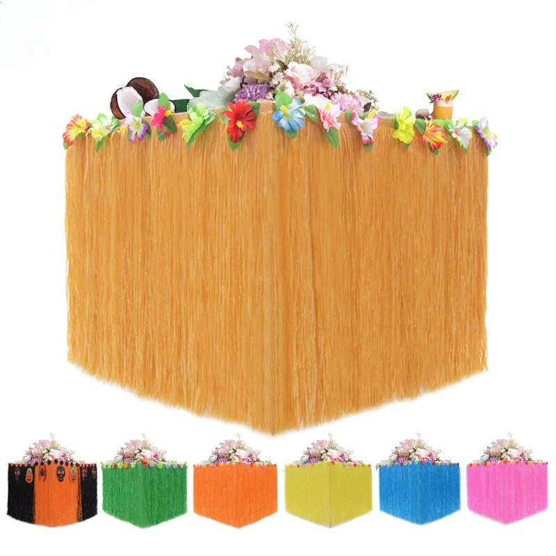 Hawaiian Grass Table Skirt with Flowers Tropical Luau Party Table Decoration for Beach Themed Birthday Party