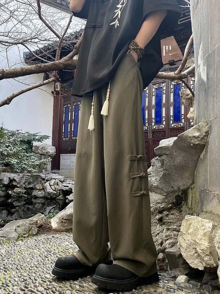 

New Chinese Style Ice Silk Men's Pants with Button Design Drapey Straight Leg Casual Trousers Breathable Spring Summer Fashion