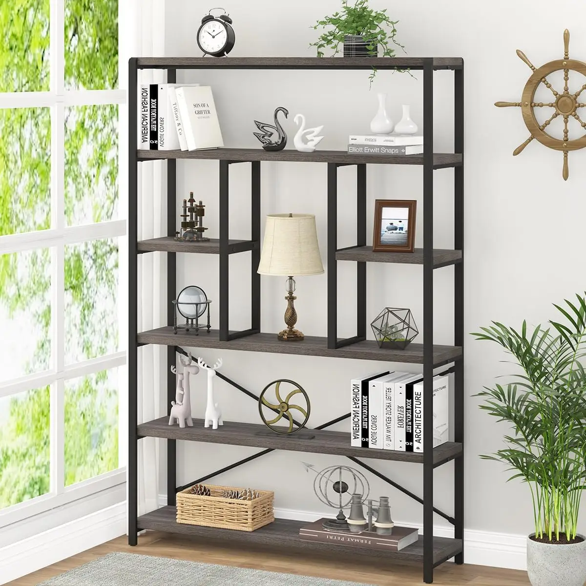 LVB Industrial Tall Bookshelf, Modern Wood Metal 6 Tier Book Shelf, Farmhouse Large 6 Shelf Etagere Bookcase, Open Wide Storage