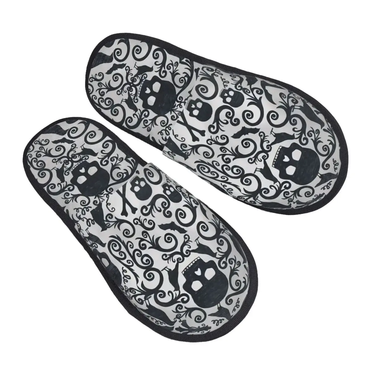 

Custom Black Skulls Crossbones Crows Comfort Scuff With Memory Foam Slippers Women Halloween Gothic Skeleton Hotel House Shoes
