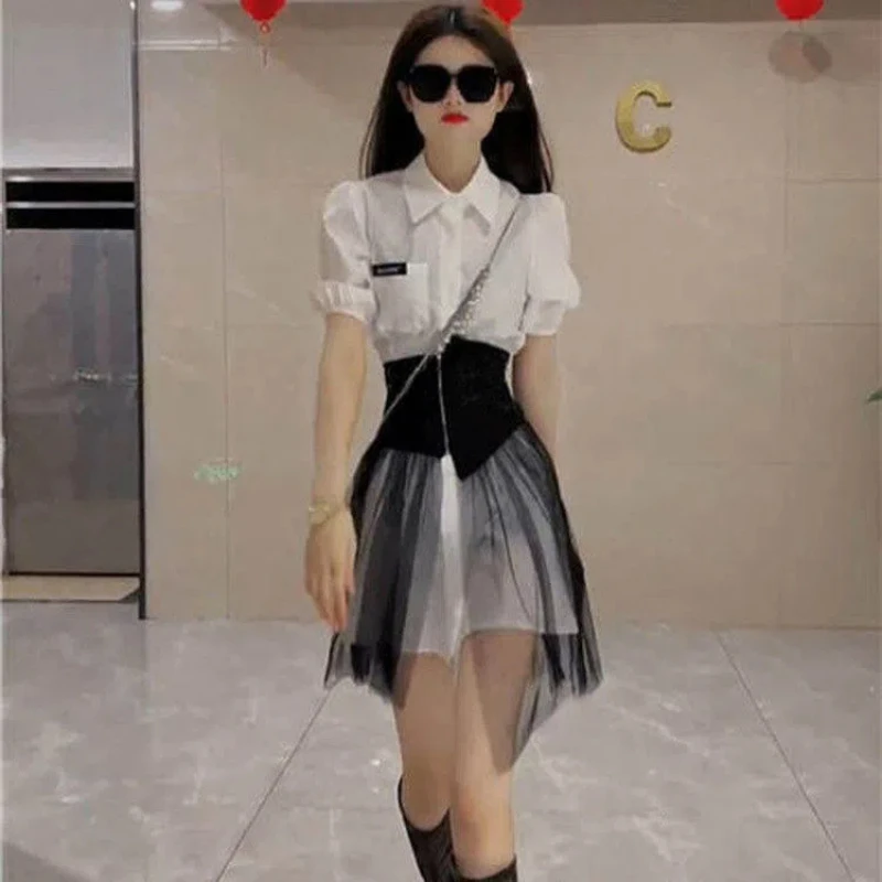 Summer Fashionable and Fashionable Mid Length Polo Neck Style Slim and Slender Waist Asymmetric Shirt Skirt Set of Two