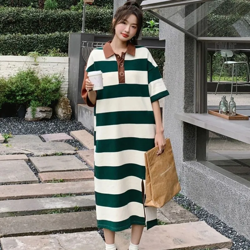 Été nouveau col à rayures pour femmes ort Sve Dr Ele Design décontracté Faion t-shirt Long Dr Maxi Dr